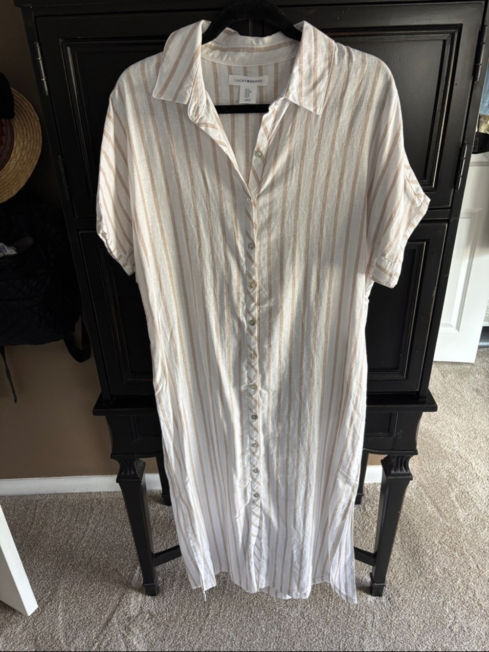 Lucky Brand Cream and Tan Striped Button-Front Midi Dress